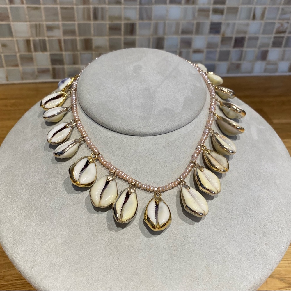 Cowrie shell & seed pearl necklace
